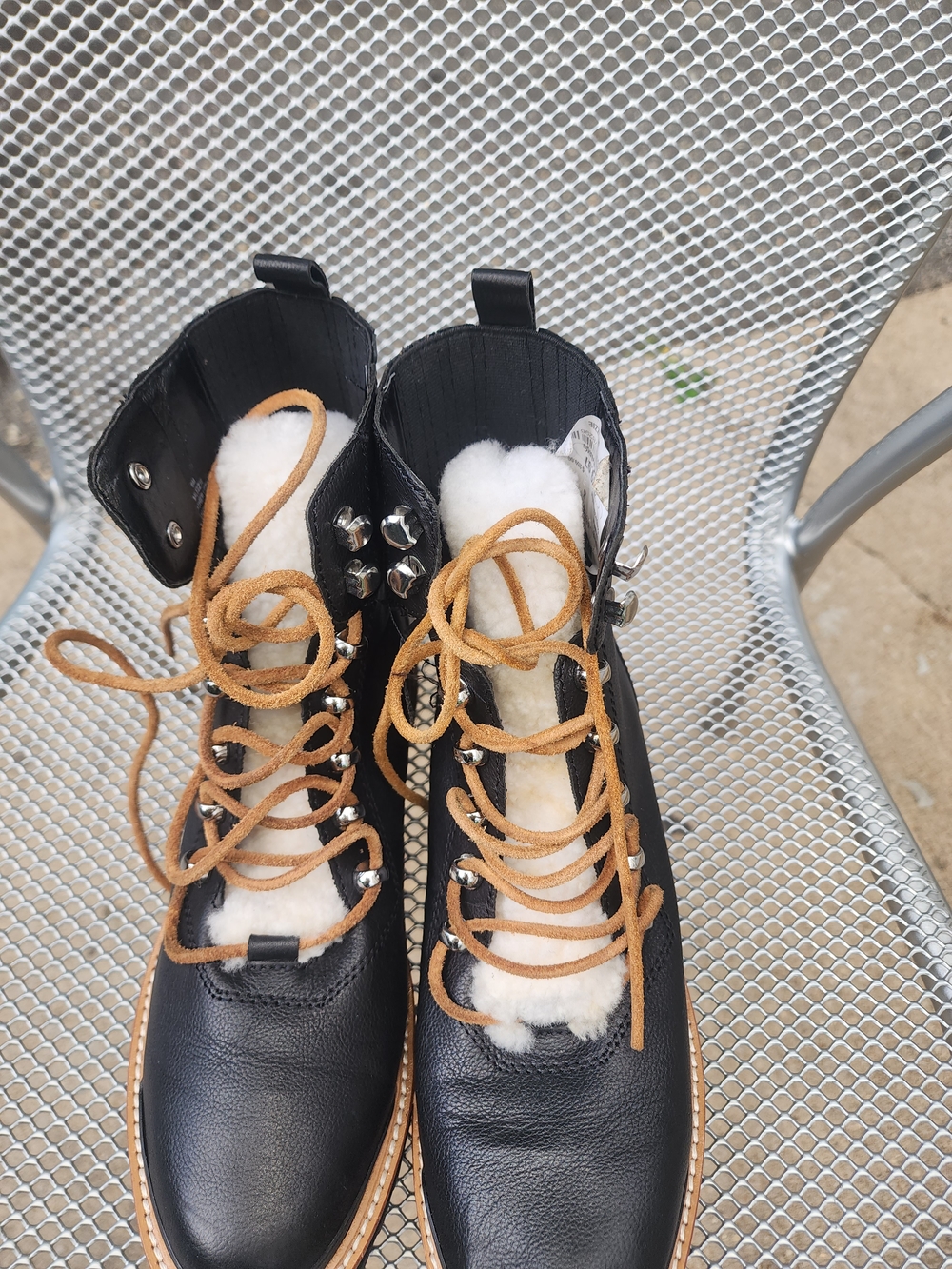 Marc Fisher Black Leather Lace-Up Boots with Tan Laces and White Shearling